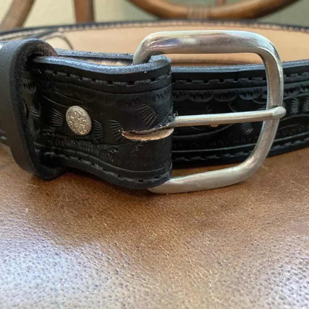 Black Tooled Leather Women's Belt